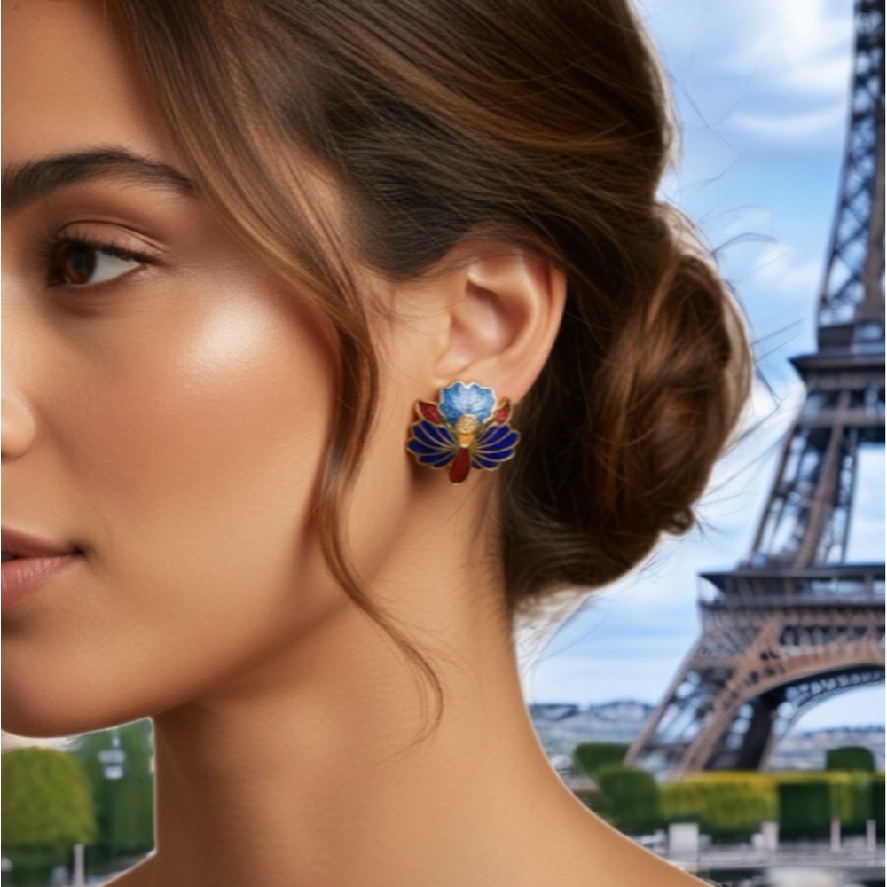 0118 Cloisonné Blue and Red Floral Earrings